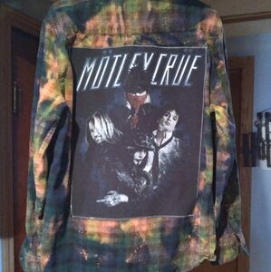 upcycled bleached flannel shirt w/ custom MOTLEY CRUE back patch